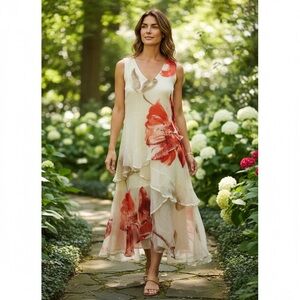 Komarov V - Neck Layered Dress in Cream and Red Floral